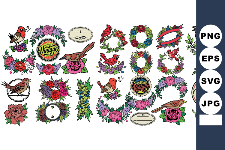 Vintage Bird Floral Elements Wreaths Frames Collection