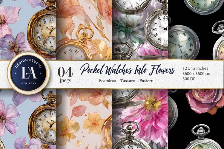 Pocket Watches Turning Into Flowers Watercolor Digital Paper example image 1