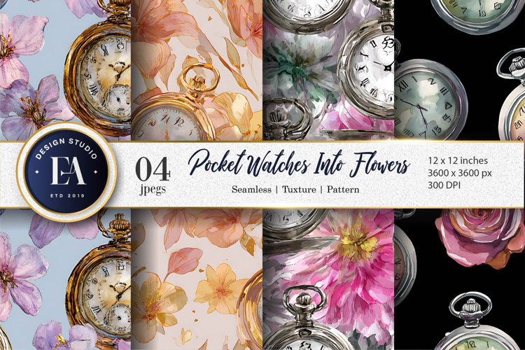 Pocket Watches Turning Into Flowers Watercolor Digital Paper
