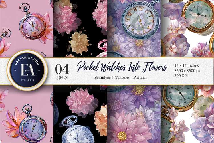 Hand-Painted Pocket Watches Bloom Flowers Art Digital Paper