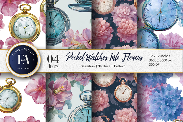Pocket Watches with Floral Digital Paper