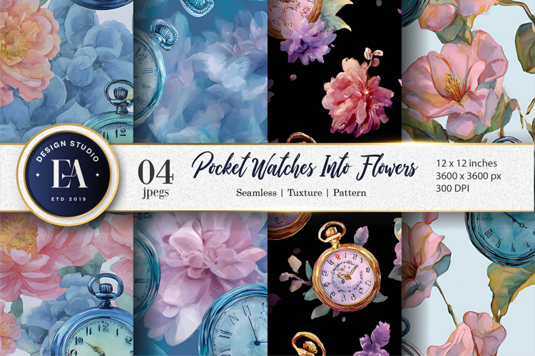 Hand-Painted Pocket Watches Bloom Flowers Art Digital Paper
