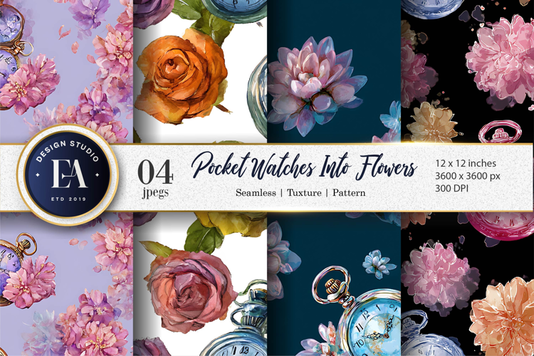 Hand-Painted Pocket Watches Bloom Flowers Art Digital Paper