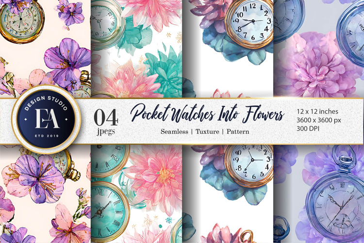 Pocket Watches Turning Into Flowers Watercolor Digital Paper