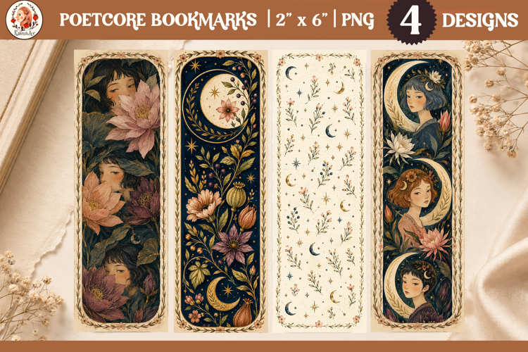 Poetcore bookmark PNG with vintage botanical women, flowers