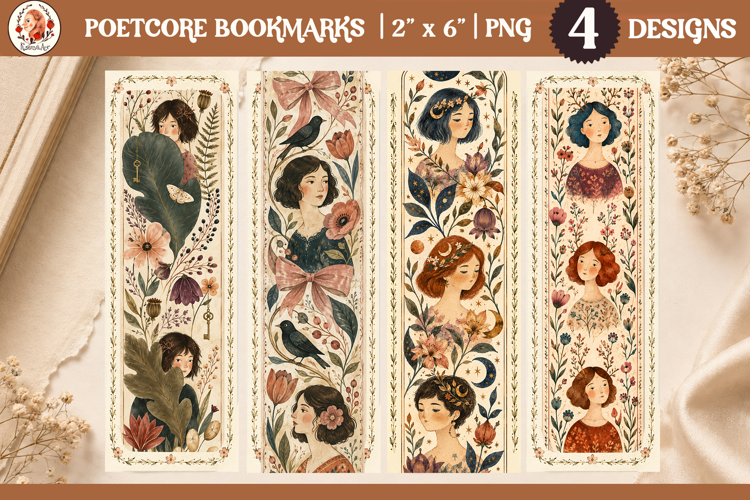 Poetcore bookmark PNG with vintage botanical women, flowers