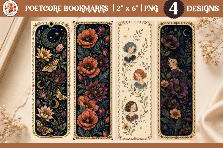 Poetcore bookmark PNG with vintage botanical women, flowers
