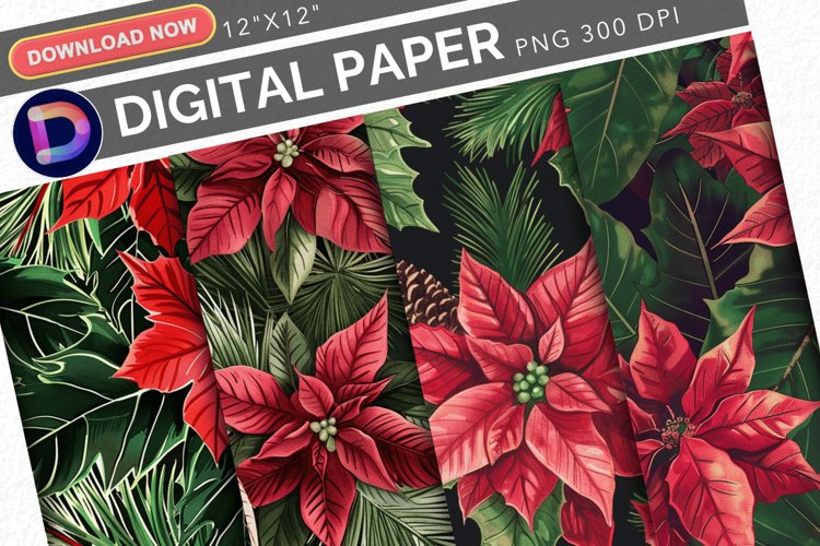 Poinsettia Pine Leaves Digital Paper