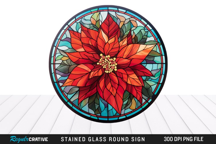 Stained Glass Poinsettia Wind Spinner Sublimation Design PNG example image 1