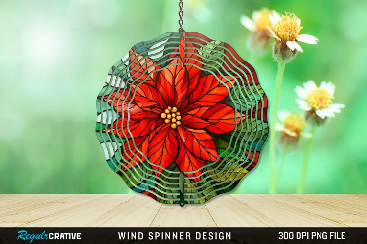 Stained Glass Poinsettia Wind Spinner Sublimation Design PNG example image 1