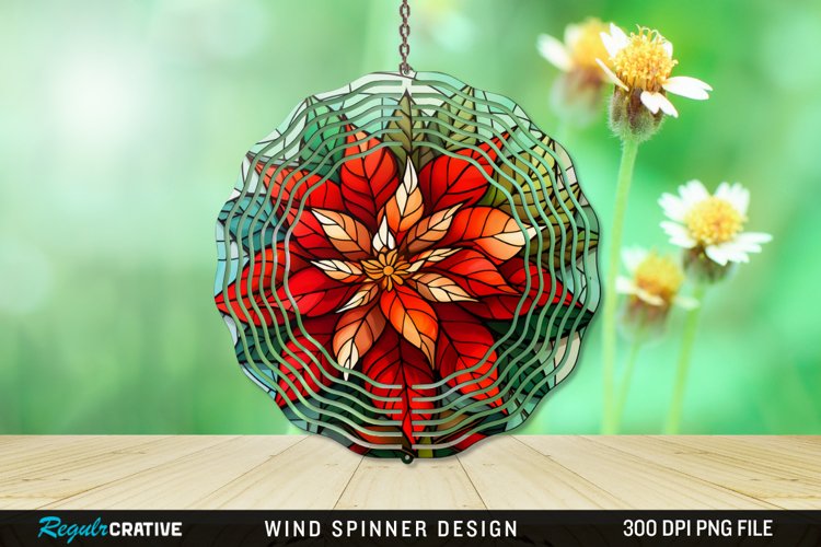 Stained Glass Poinsettia Wind Spinner Sublimation Design PNG example image 1