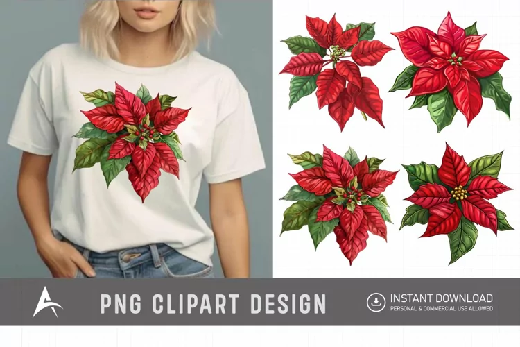 Watercolor Poinsettia Clipart, Festive floral illustrations