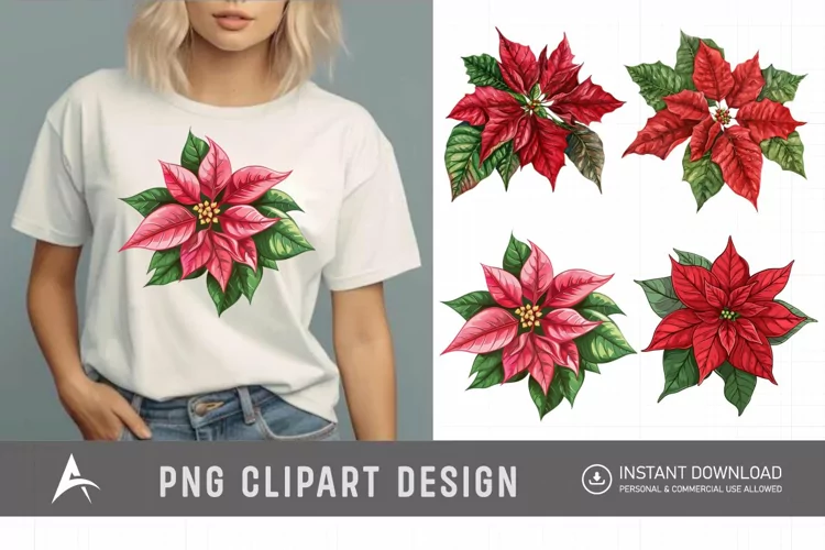 Watercolor Poinsettia Clipart, Festive floral illustrations