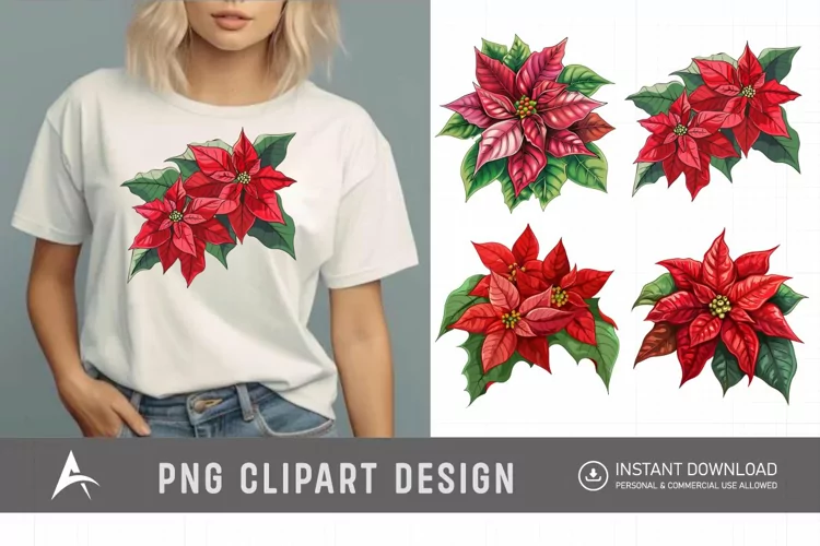 Watercolor Poinsettia Clipart, Festive floral illustrations