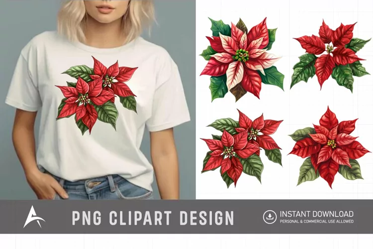 Watercolor Poinsettia Clipart, Festive floral illustrations