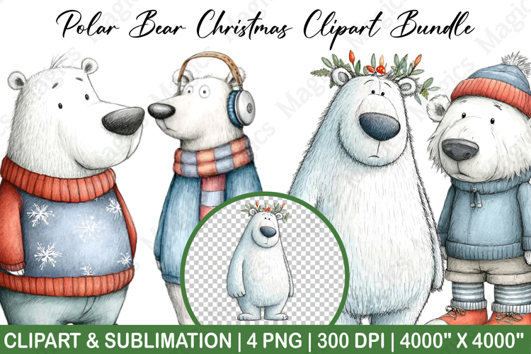 Polar Bear Christmas Clipart Sublimation