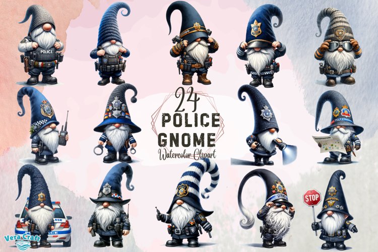 Police Gnome Watercolor Clipart - 24 Variations