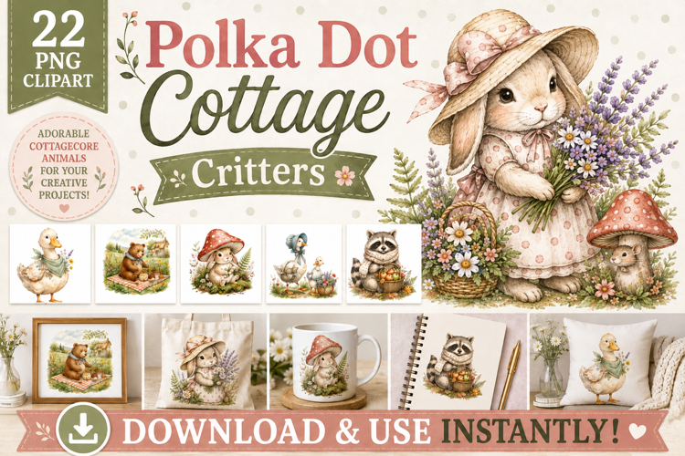 Polka Dot Cottage Critters Clipart Bundle PNG Animals