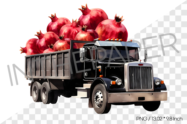 Black Cargo Truck Loaded with Pomegranates PNG Clipart Fruit