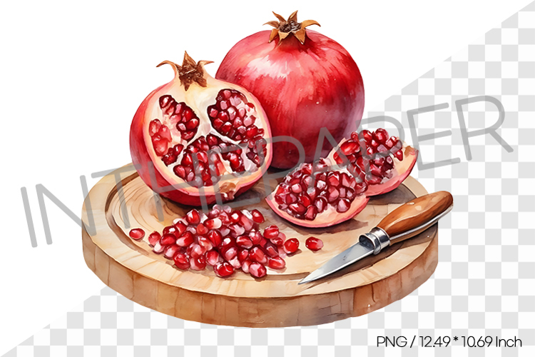 Pomegranates on Wooden Cutting Board with Knife PNG Clipart