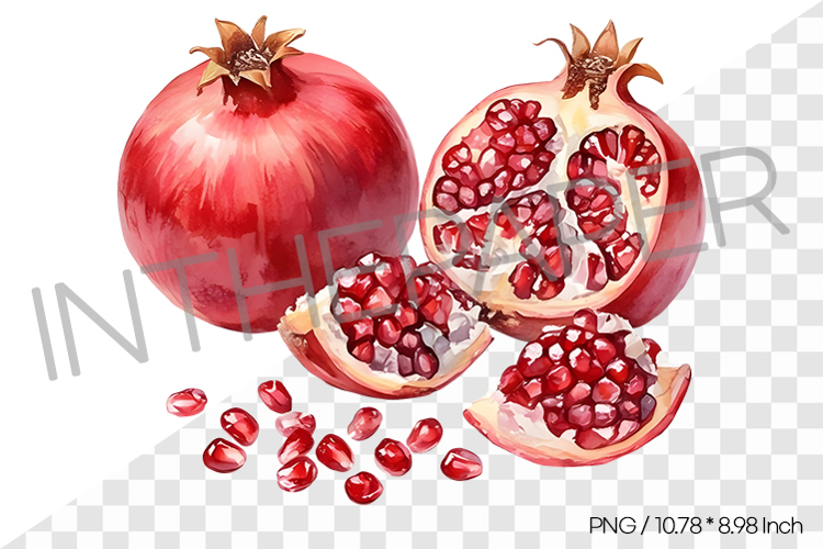 Whole Pomegranate with Split Open Pieces and Seeds PNG Clipa