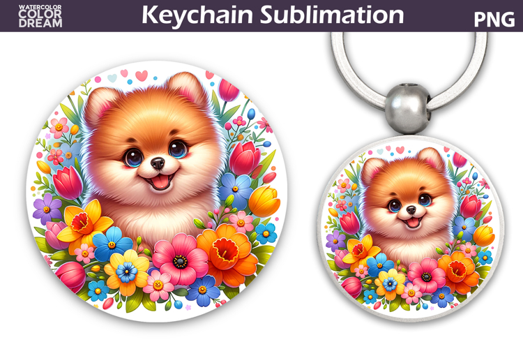 Pomeranian Round Keychain | Dog Floral Key Keychain