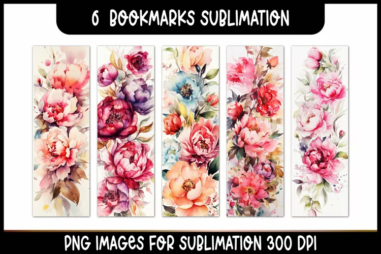 6 Peonies Flowers Watercolor Bookmarks Sublimation