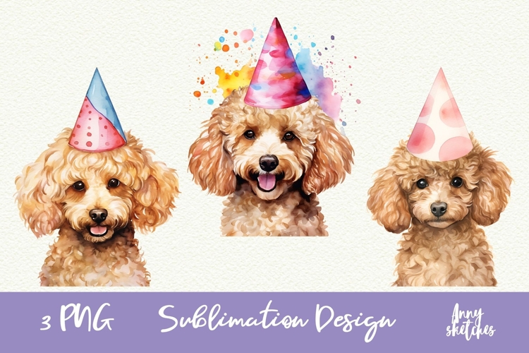 3 Birthday Poodle Clipart in a Party Hat PNG