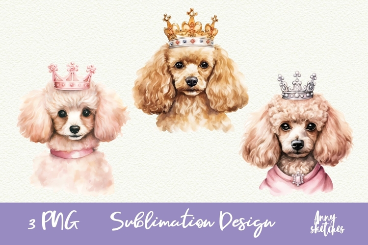 3 Poodle in Crown Watercolor Clipart PNG