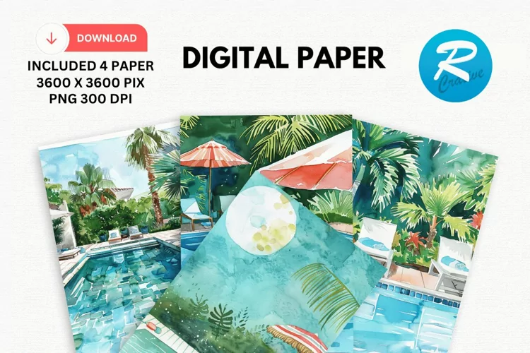 Watercolor Poolside Digital Paper, Poolside Background