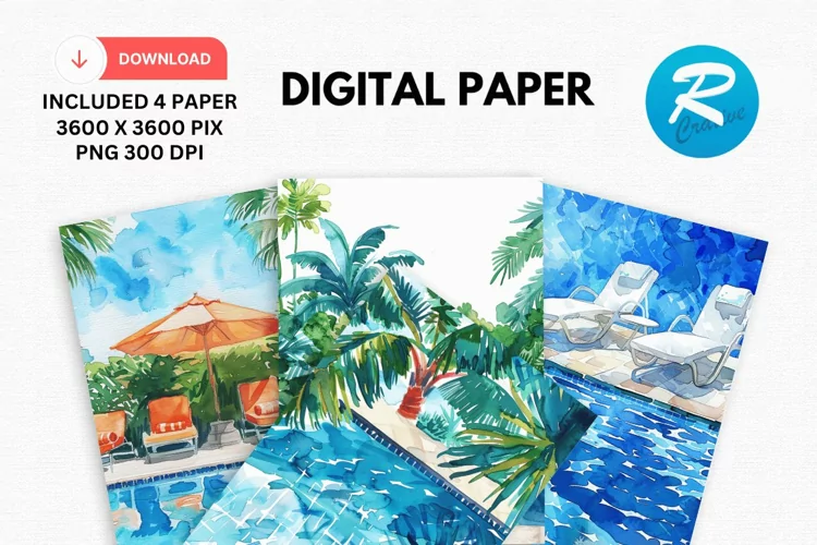 Watercolor Poolside Digital Paper, Poolside Background