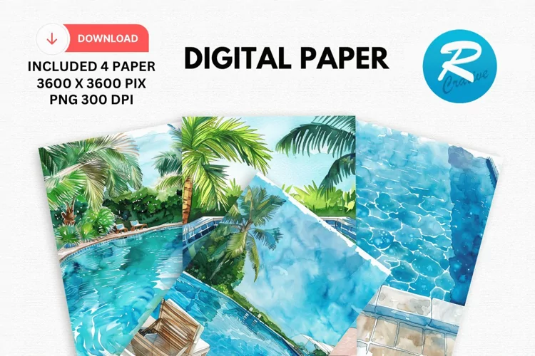 Watercolor Poolside Digital Paper, Poolside Background