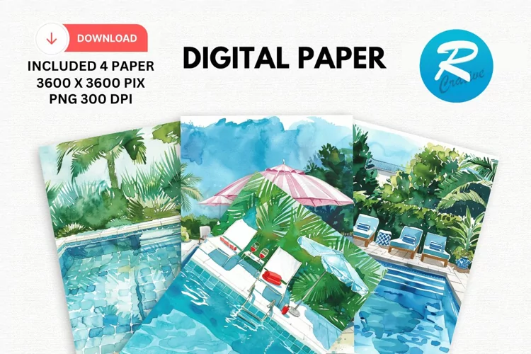 Watercolor Poolside Digital Paper, Poolside Background