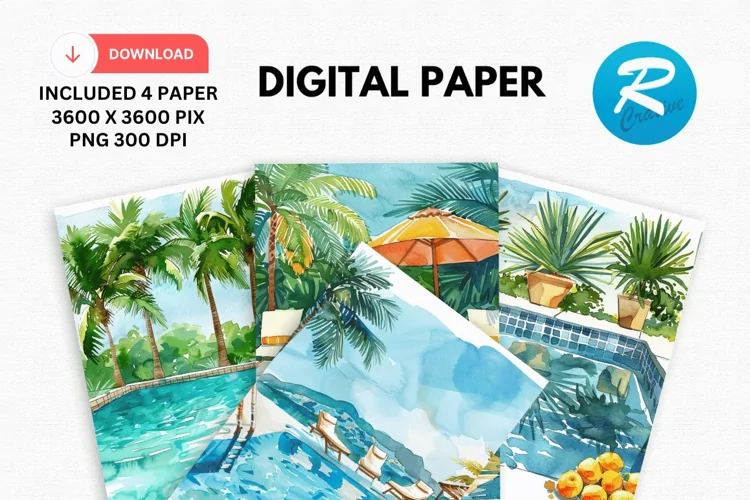 Watercolor Poolside Digital Paper, Poolside Background