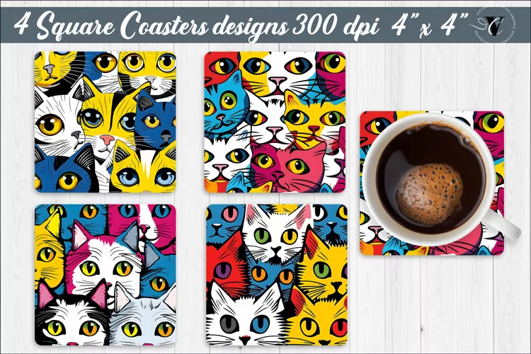 Square Coasters | Cat Pop art pattern