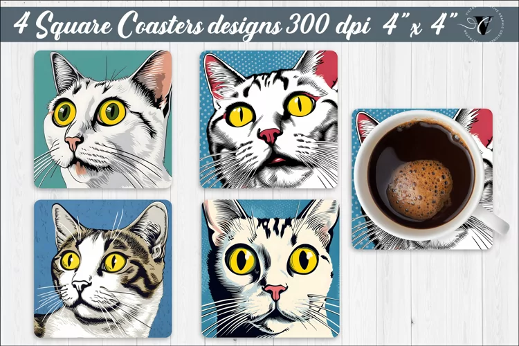 Square Coasters | Cat Pop art pattern
