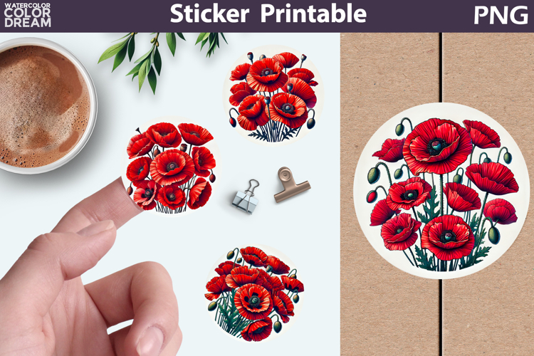 Poppies Sticker Printable | Floral Round Sticker