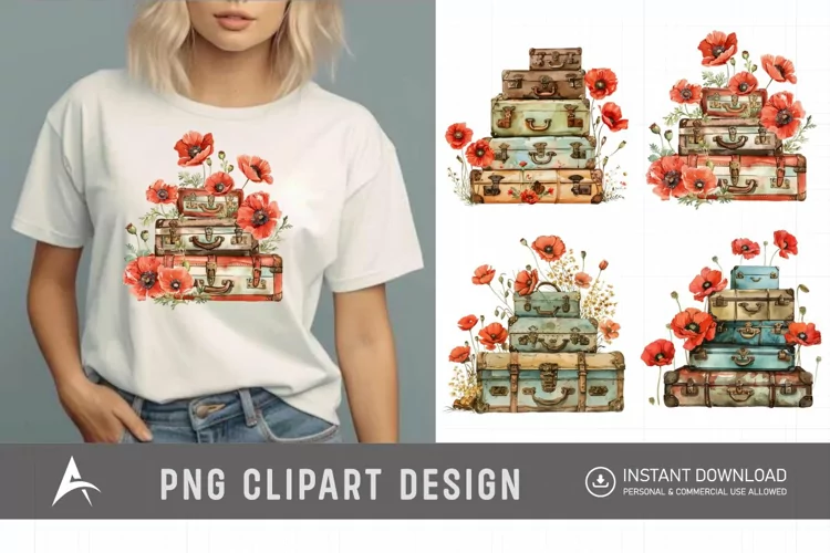 Watercolor Poppies with Stack Vintage Suitcases