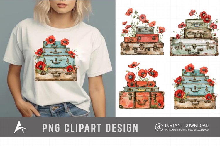 Watercolor Poppies with Stack Vintage Suitcases