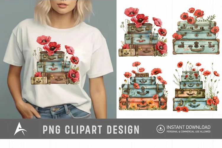 Watercolor Poppies with Stack Vintage Suitcases