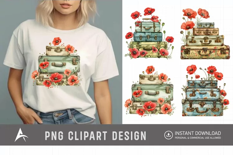 Watercolor Poppies with Stack Vintage Suitcases