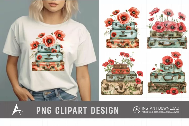 Watercolor Poppies with Stack Vintage Suitcases