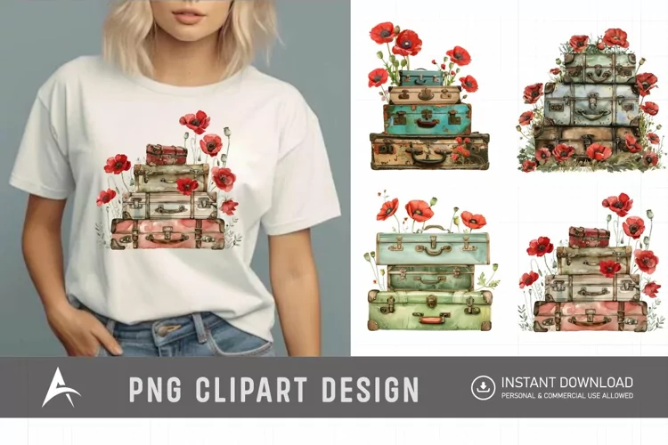 Watercolor Poppies with Stack Vintage Suitcases