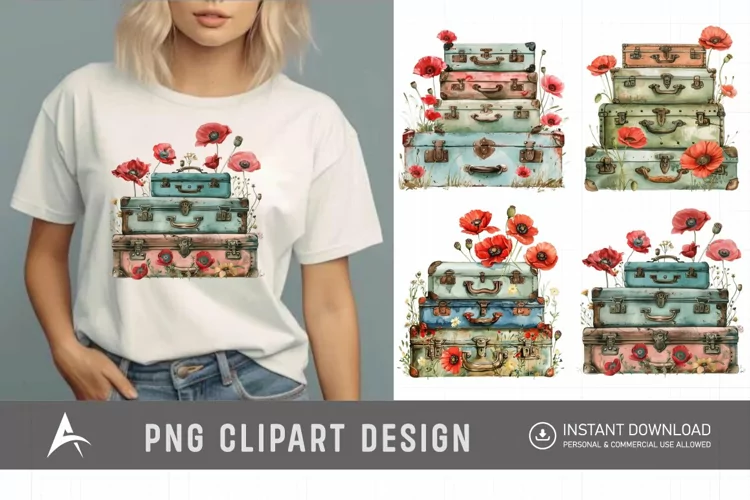 Watercolor Poppies with Stack Vintage Suitcases