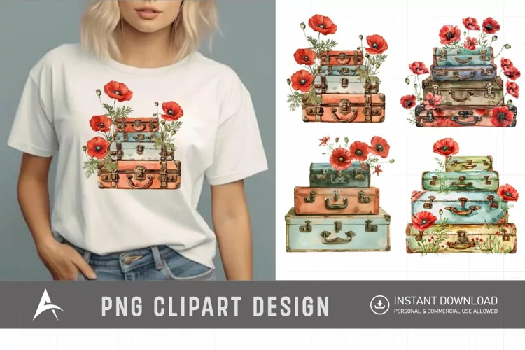 Watercolor Poppies with Stack Vintage Suitcases