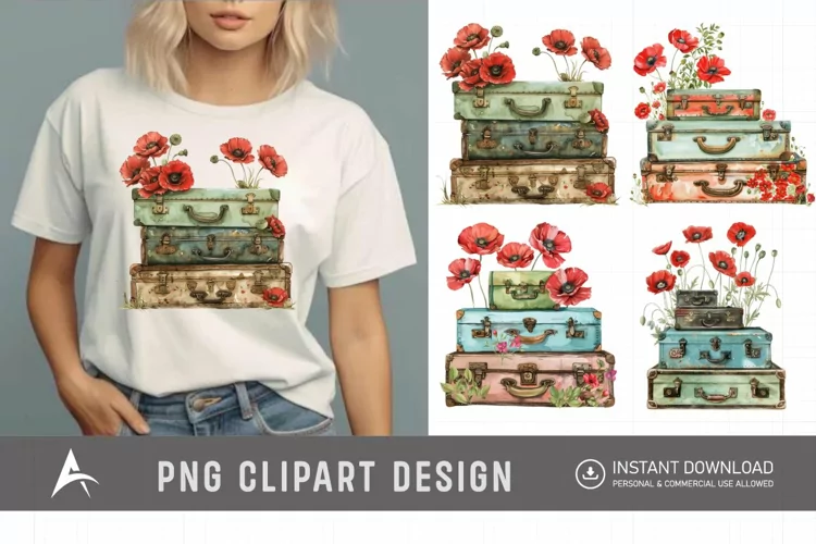 Watercolor Poppies with Stack Vintage Suitcases