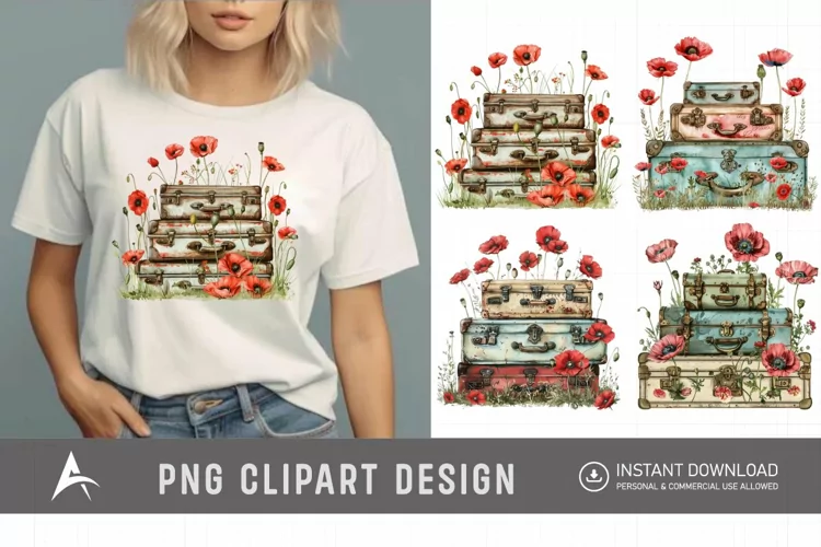 Watercolor Poppies with Stack Vintage Suitcases