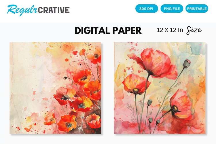 Watercolor Poppy Floral Seamless Digital Paper