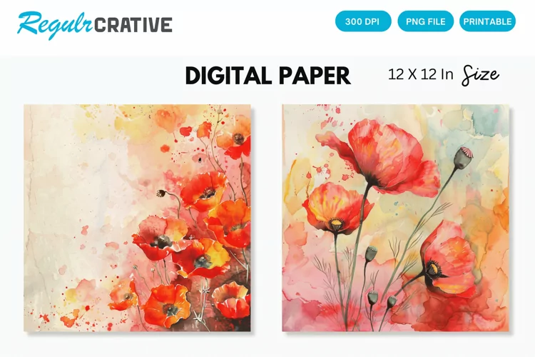Watercolor Poppy Floral Seamless Digital Paper