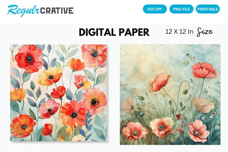 Watercolor Poppy Floral Seamless Digital Paper example image 1